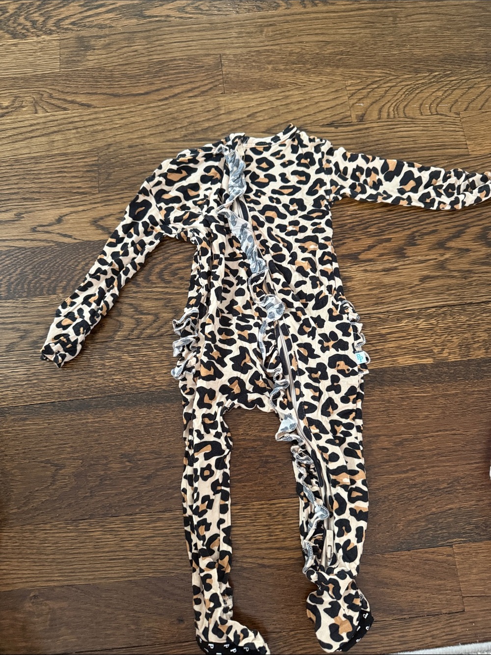 Posh Peanut Leopard Ruffle Footed One-Piece - Tan/Black